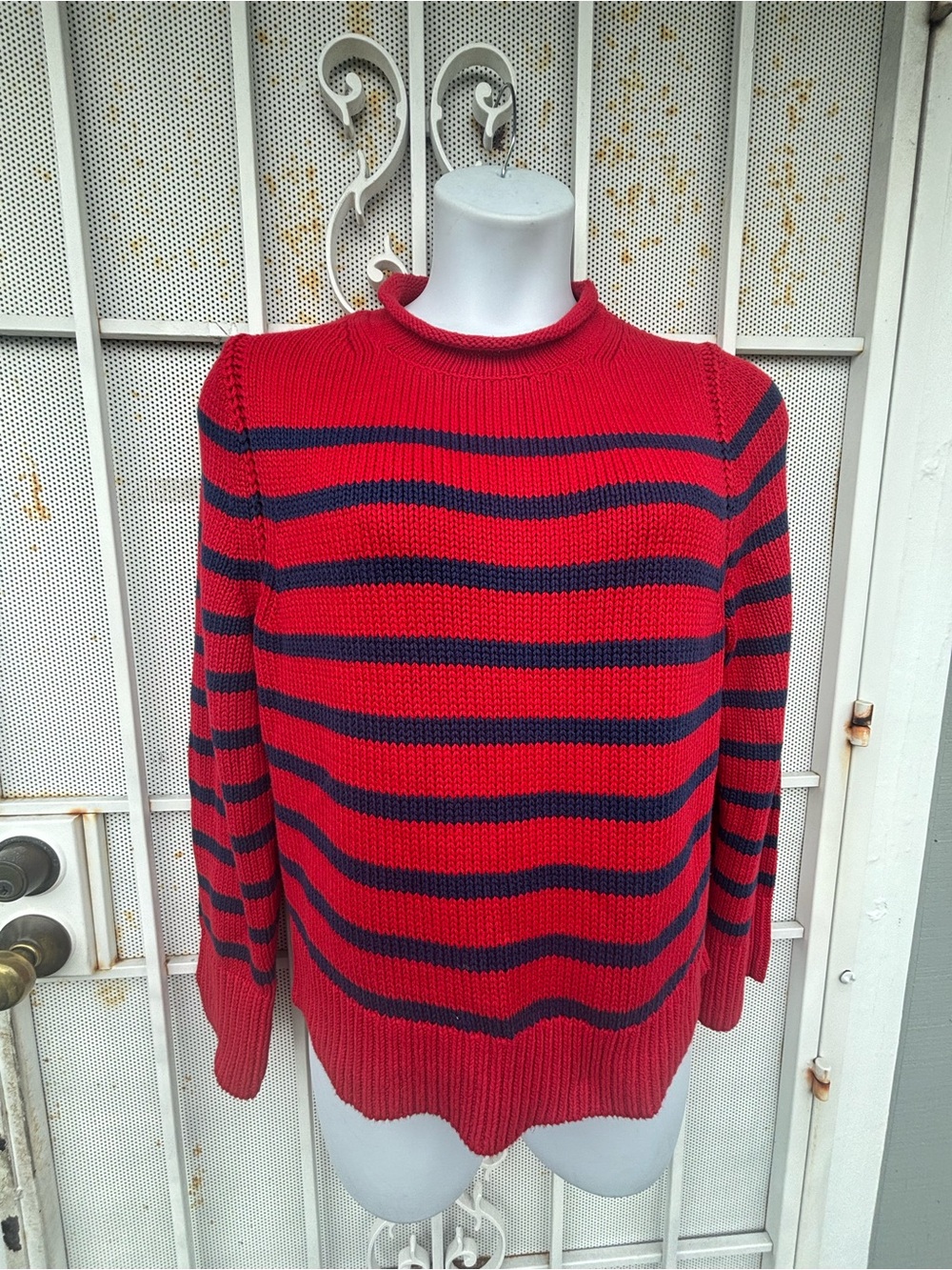 J. Crew Red and Navy Striped Crewneck Sweater
